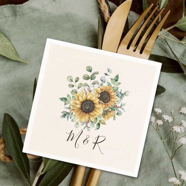 Servilleta De Papel Acuarela Monogramada Vintage Rustic Sunflower (In situ rustic wedding)
