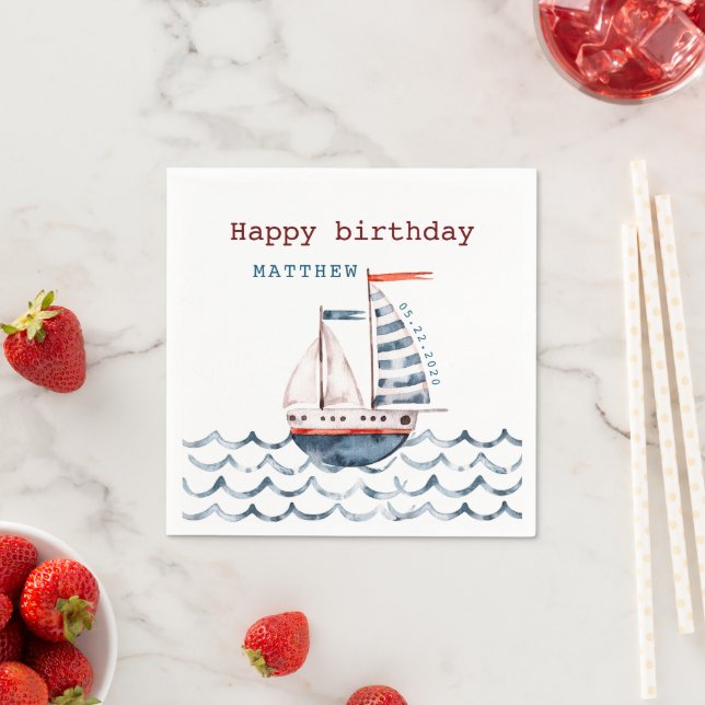 Servilleta De Papel Acuarela Nautical Red And Blue Happy Birday (In situ)