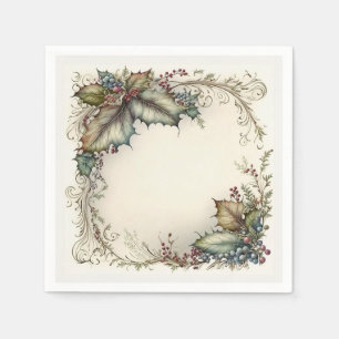Servilleta De Papel Acuarela Navidad Acebo Elegante Clásico Vintage