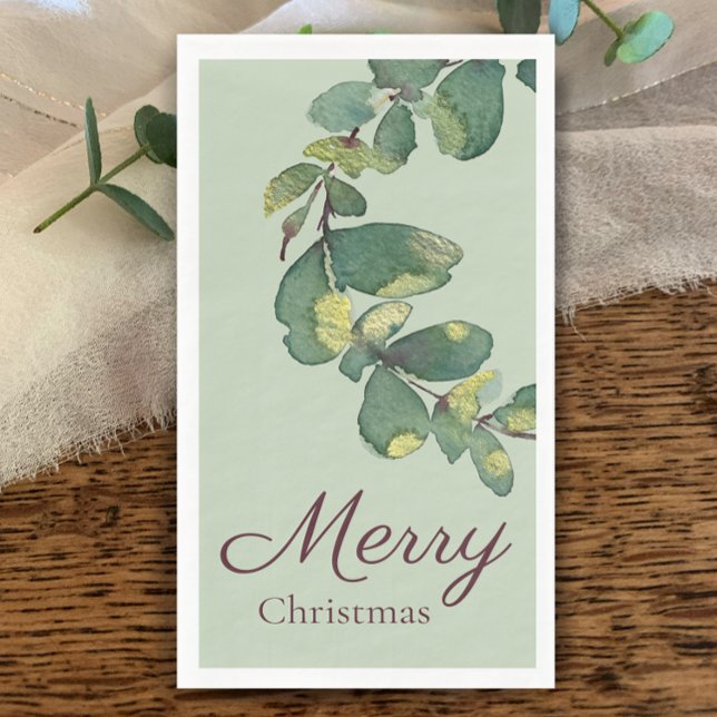 Servilleta De Papel Acuarela Original Verde Navidad Feliz (Original watercolor greenery Merry Christmas script Holiday Napkin. Sage eucalyptus and plum.)