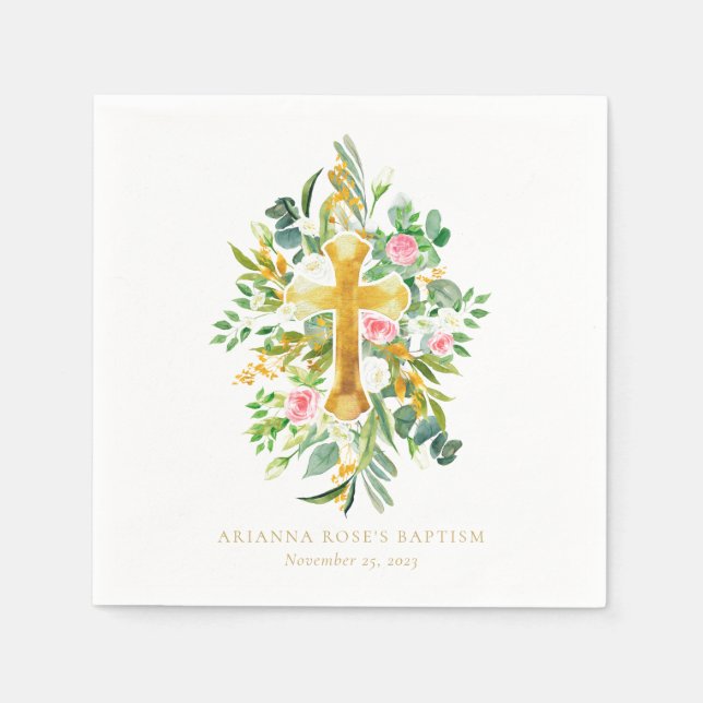 Servilleta De Papel Acuarela Oro Cruz Rosa Blanco Floral Baptismo (Anverso)