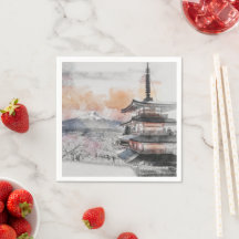 Acuarela Pagoda Japonesa y Montaña Fuji Escénica