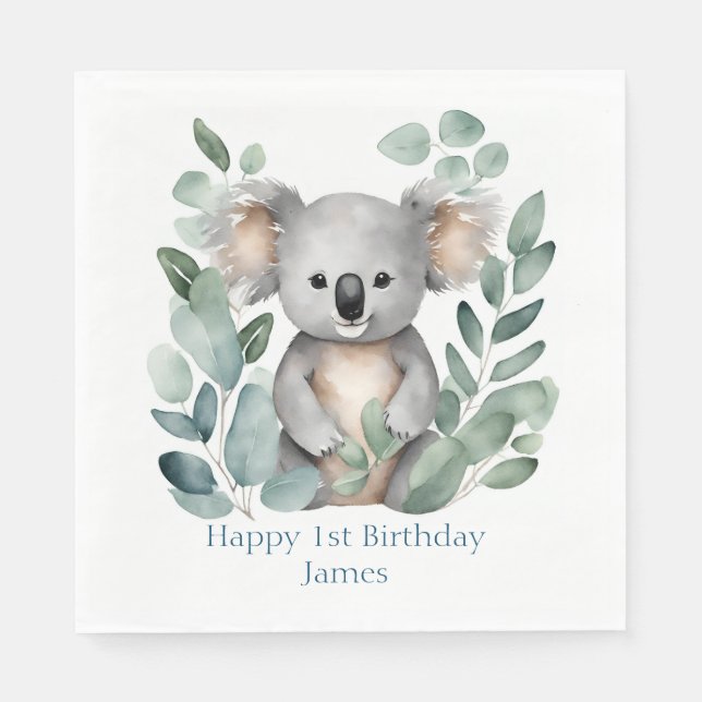 Servilleta De Papel Acuarela personalizada Koala Bear Cumpleaños (Anverso)