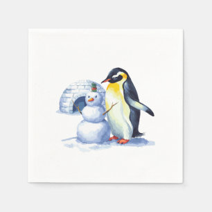 Servilleta De Papel Acuarela Pingüino construyendo una nieve