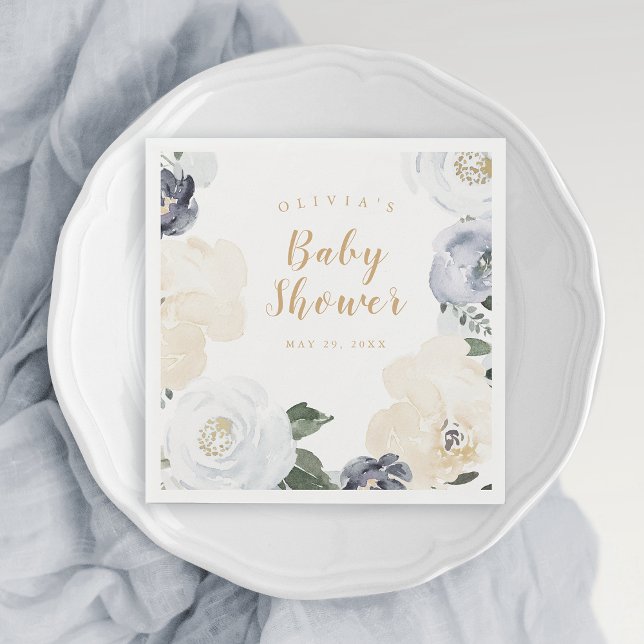 Servilleta De Papel acuarela polvorienta ducha de bebé floral azul (watercolor dusty blue floral baby shower napkins)