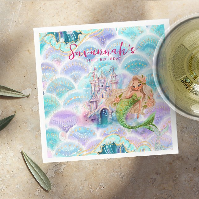 Servilleta De Papel Acuarela Purpurina Mermaid Cumpleaños (Subido por el creador)