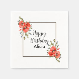 Servilleta De Papel Acuarela Red Poppy Greenery 50 cumpleaños