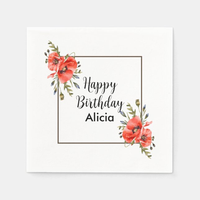 Servilleta De Papel Acuarela Red Poppy Greenery 50 cumpleaños (Anverso)