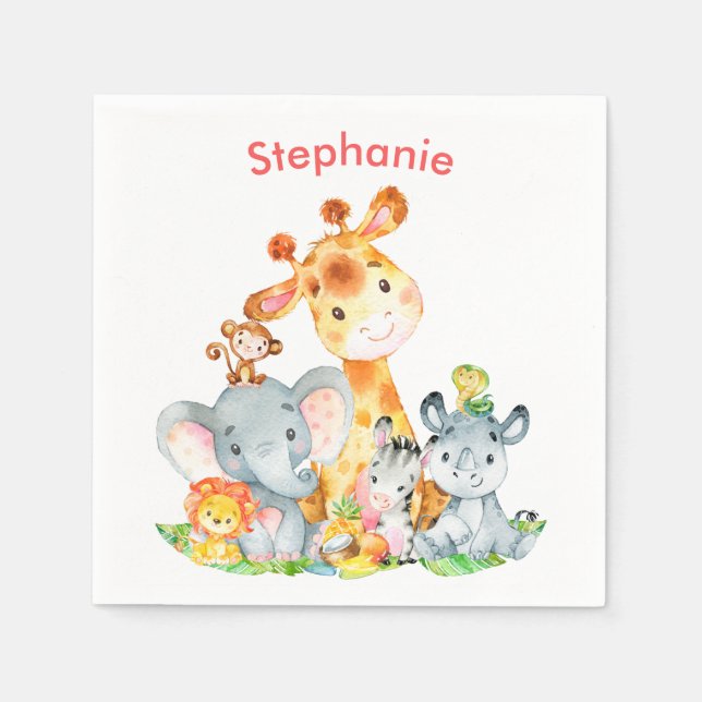 Servilleta De Papel Acuarela rosa Cute Safari Jungle Animales (Anverso)
