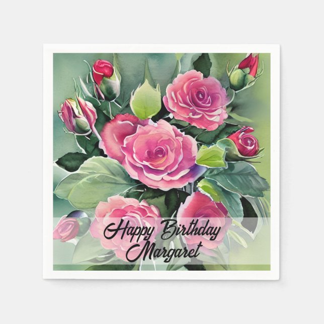 Servilleta De Papel Acuarela Rosas Rojas Feliz Cumpleaños (Anverso)