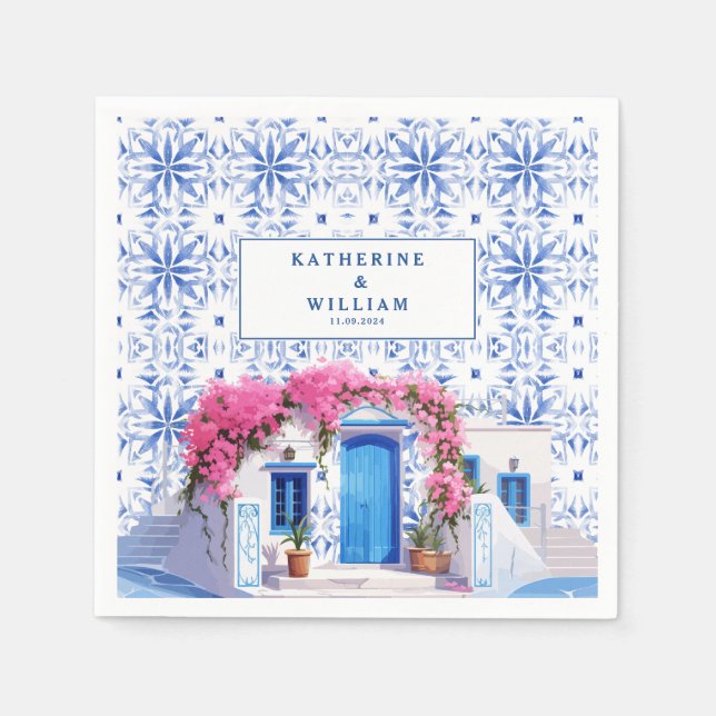 Servilleta De Papel Acuarela Santorini Grecia azul boda y blanco (Anverso)
