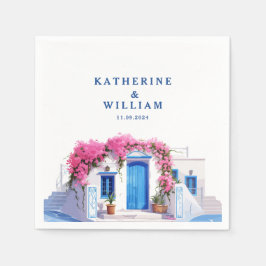 Servilleta De Papel Acuarela Santorini Grecia azul boda y blanco