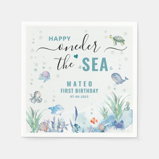 Servilleta De Papel Acuarela Un-der el mar 1er cumpleaños (Anverso)