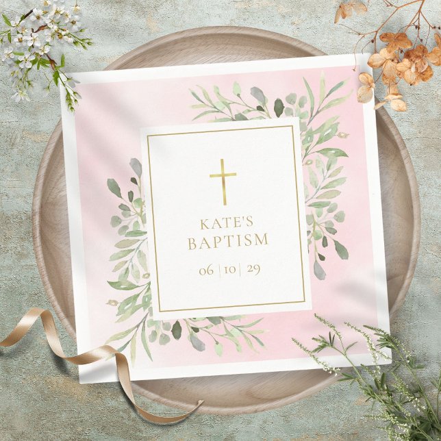 Servilleta De Papel Acuarela Verde Rosa Bautizo Bautismo (Watercolour Greenery Pink Baptism Christening Napkins)
