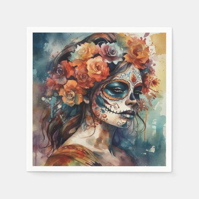 Servilleta De Papel Acuarela vibrante Dia de los Muertos Catrina (Anverso)