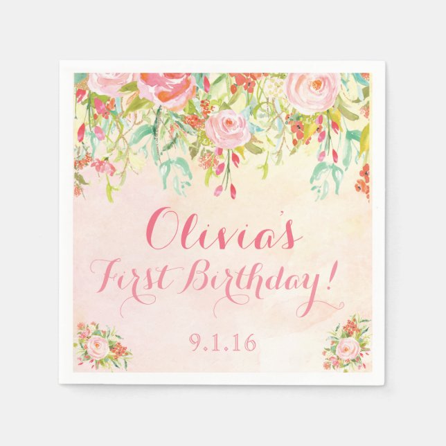 Servilleta De Papel Acuarela Whimsical Flower Cumpleaños Party Napkins (Anverso)