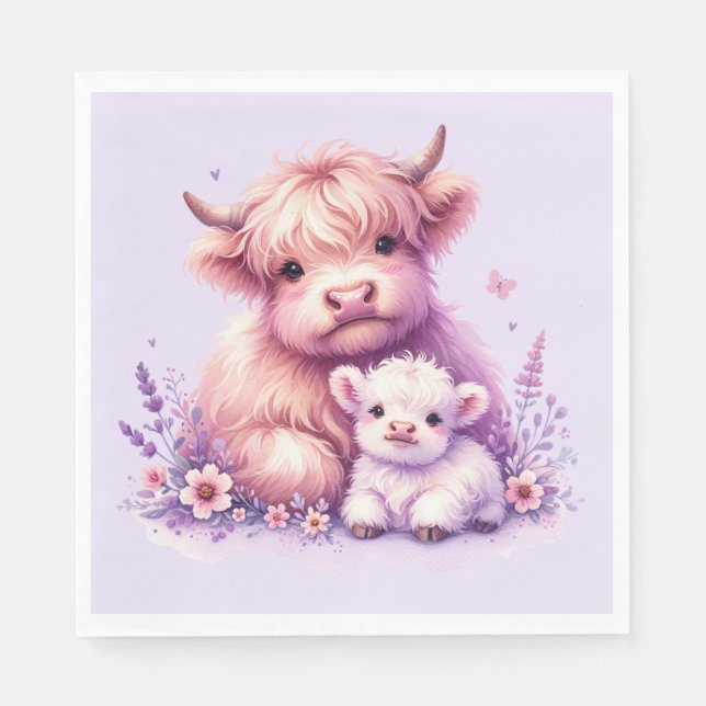 Servilleta De Papel Adorable Floral Highland Cow Baby Shower (Anverso)
