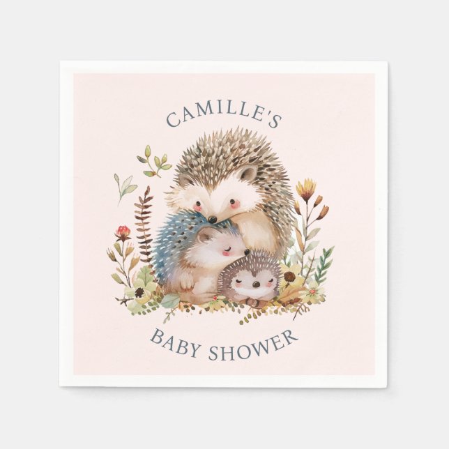 Servilleta De Papel Adorable Hedgehog Family Pink Baby Shower (Anverso)