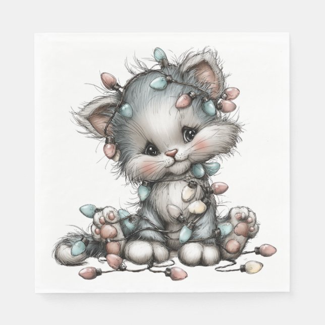 SERVILLETA DE PAPEL ADORABLE HOLIDAY CHRISTMAS KITTEN WITH LIGHTS (Anverso)