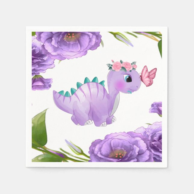 Servilleta De Papel Adorable Purple Dinosaur Floral Baby Shower Napkin (Anverso)