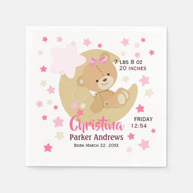 Servilleta De Papel Adorable Teddy Bear Baby Girl Estadísticas De Naci (Anverso)