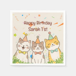 Servilleta De Papel Adorable Trio of Birthday Cats | Custom Name & Age