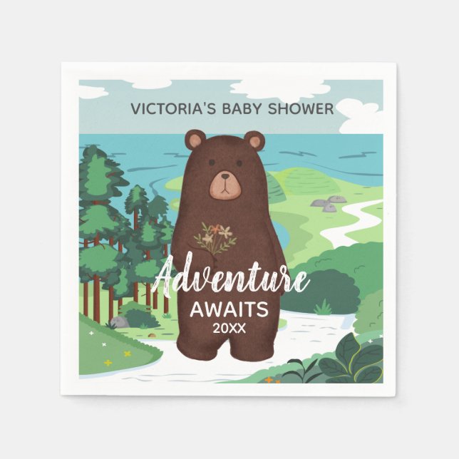 Servilleta De Papel Adventure Awaits Brown Bear Landscape Baby Shower (Anverso)
