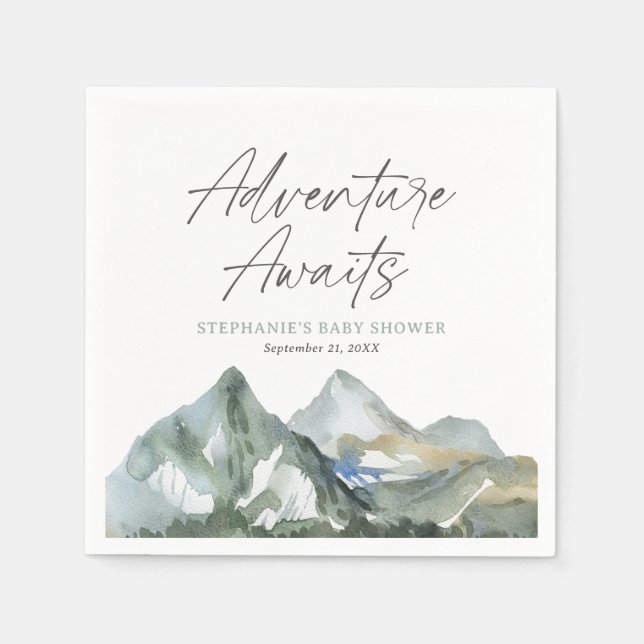 Servilleta De Papel Adventure Awaits Mountain Boy Baby Shower (Anverso)