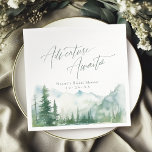 Servilleta De Papel Adventure Awaits Mountain Rustic Bridal Shower<br><div class="desc">Watercolor lush green pine forest,  teal river,  and misty mountain with sage modern adventure awaits script,   elegant and romantic,  great napkin for boho rustic bridal shower and mountain forest destination wedding in spring and summer.</div>