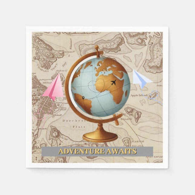 Servilleta De Papel Adventure Awaits World Map Baby Shower (Anverso)