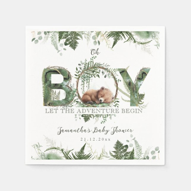 Servilleta De Papel Adventure Begin Woodland Bear Baby Boy Shower (Anverso)
