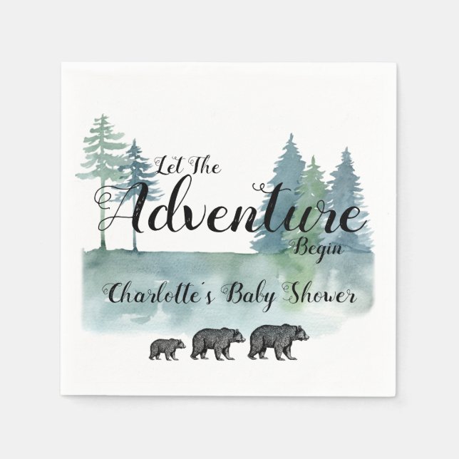 Servilleta De Papel Adventure Begins Watercolor Bears Baby Shower (Anverso)
