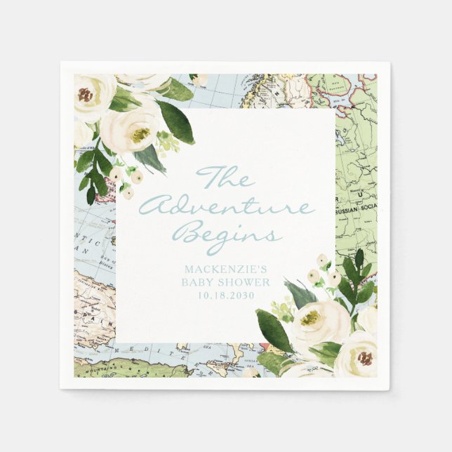 Servilleta De Papel Adventure Start Baby Shower Floral Map Personaliza (Anverso)