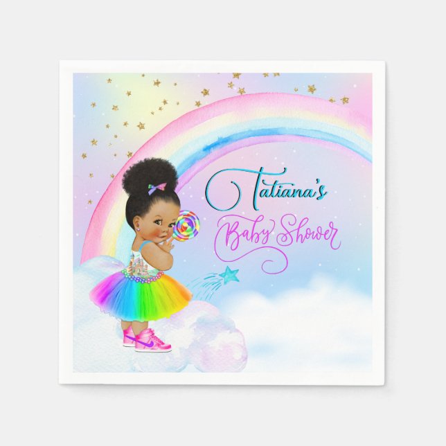 Servilleta De Papel Afro Puff Baby Girl Pastel Rainbow Baby Shower (Anverso)