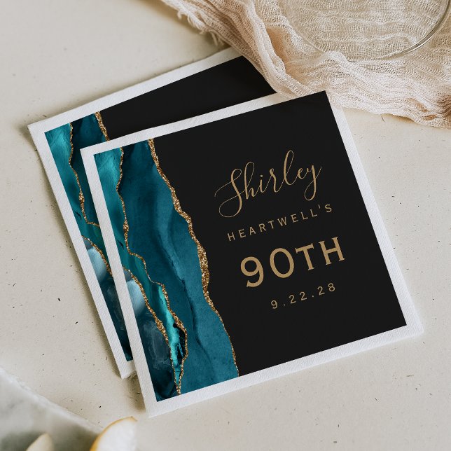 Servilleta De Papel Ágata azul teal oro guión oscuro Cumpleaños 90 (Subido por el creador)
