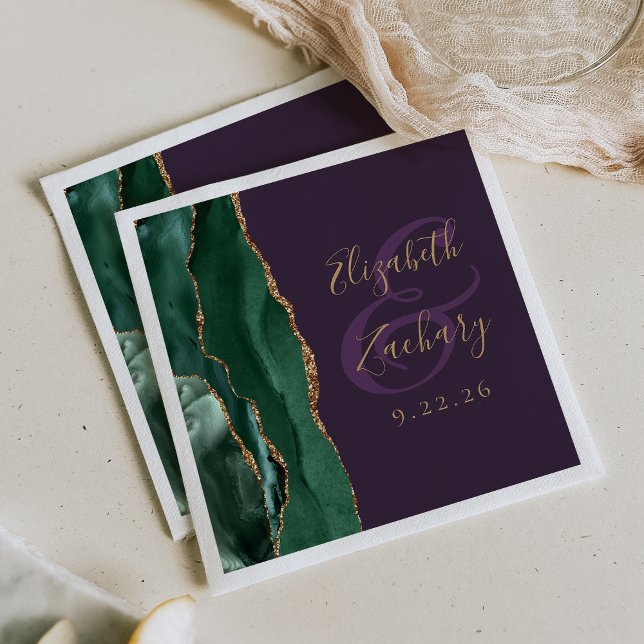 Servilleta De Papel Agata Script Bodas Verde Esmeralda Oro Púrpura (Subido por el creador)