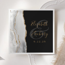 Servilleta De Papel Agate Geode Gray White Gold Script Dark Boda