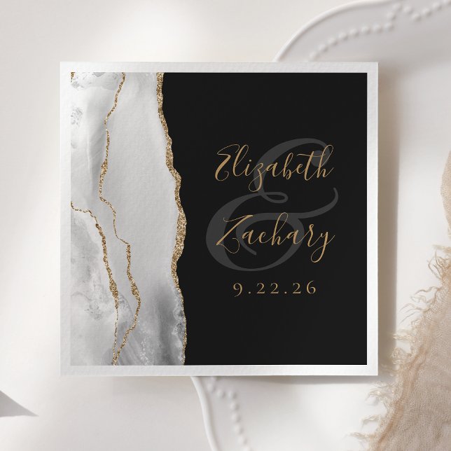 Servilleta De Papel Agate Geode Gray White Gold Script Dark Boda (Subido por el creador)