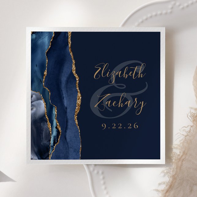 Servilleta De Papel Agate Geode Script Navy Blue Gold Wedding (Subido por el creador)