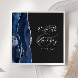 Servilleta De Papel Agate Geode Script Navy Blue Silver Dark Boda