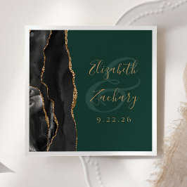 Servilleta De Papel Agate Script Negro Oro Esmeralda Verde Boda