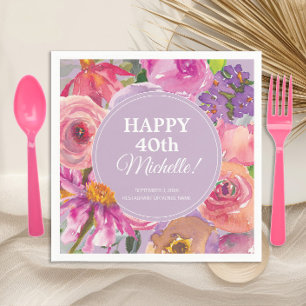 Servilleta De Papel Aguamarina Floral Acuarela Rosa Púrpura Cumpleaños