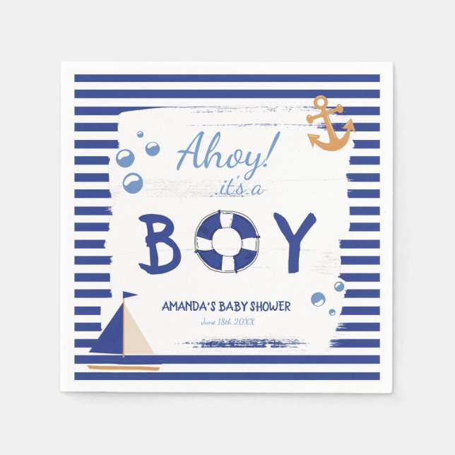 Servilleta De Papel ¡Ahoy es un chico! Sailor Marine Blue Baby Shower (Anverso)