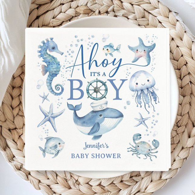 Servilleta De Papel Ahoy It's a Boy Blue Nautical Sailor Baby Shower (Subido por el creador)