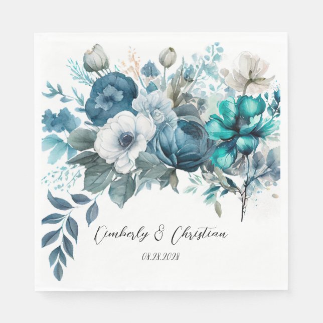 Servilleta De Papel Airy Blue y Verde azulada Peony Rustic Boda (Anverso)