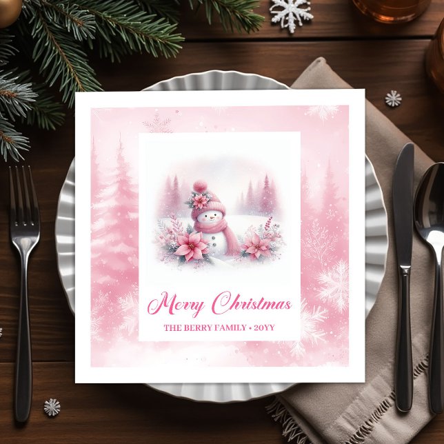 Servilleta De Papel Alegre escena de Navidad infantil con muñeco de ni (Joyful Pink Snowman Kids Christmas Scene Winter Forest Napkins

)