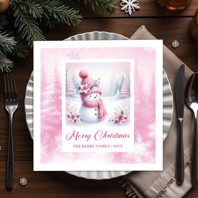 Servilleta De Papel Alegres Servilletas de Navidad de Muñeco de Nieve  (Jolly Pink Snowman Christmas Scene Napkins Kids Holiday)