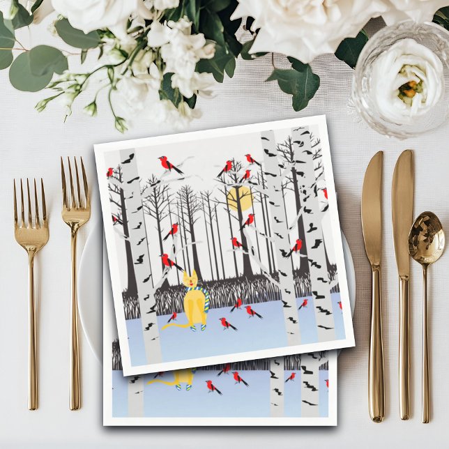 Servilleta De Papel Alegría de invierno - Gato con cardenales de Birch (Subido por el creador)