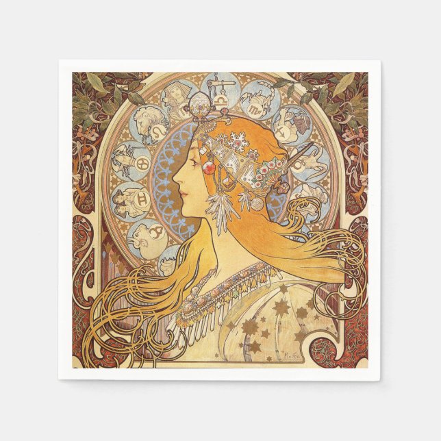 Servilleta De Papel Alfonse Mucha Zodiac Art Nouveau Mujer (Anverso)