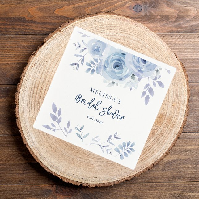 Servilleta De Papel Algo azul antes de la ducha de papel de la boda (Dusty Blue Floral Watercolor Bridal Shower PAper Napkin)